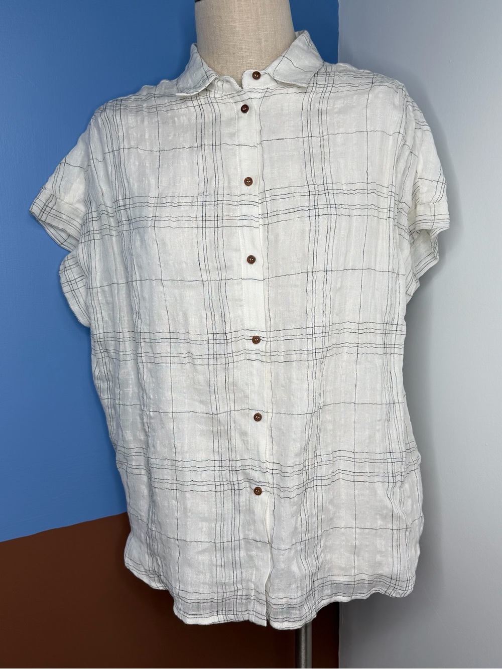 Roolee Linen Cotton Blend White Plain Drop Cap Sleeve Button‎ up Shirt Size S